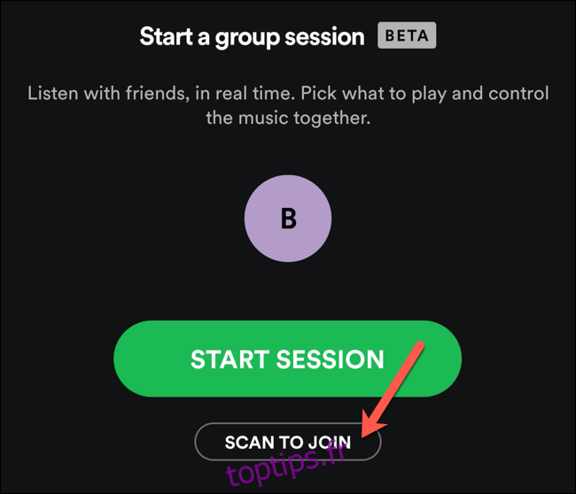 Appuyez sur Analyser pour rejoindre pour scanner un code d'invitation à une session de groupe Spotify à proximité