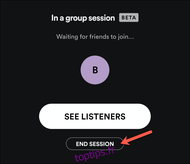Appuyez sur Fin de session pour mettre fin à une session de groupe Spotify.