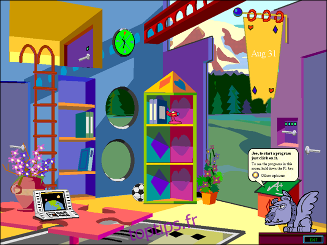 Chambre d'enfance de Joe et guide personnel de la gargouille dans Microsoft Bob. 
