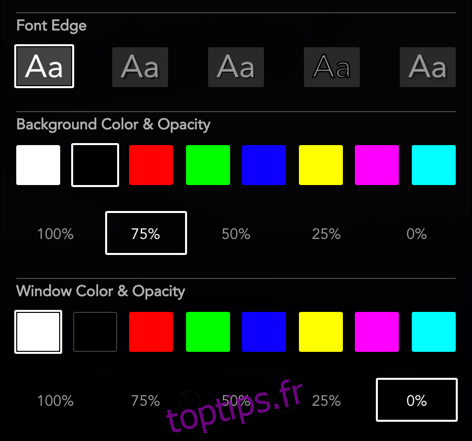 Sélectionnez la bordure de police, la couleur d'arrière-plan et de fenêtre, et les valeurs d'opacité d'arrière-plan et de fenêtre parmi les options fournies.