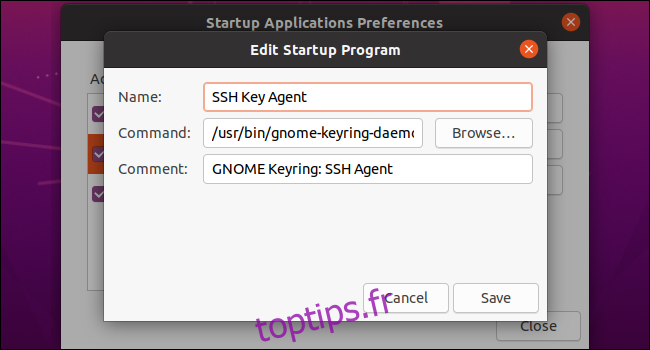 Modification d'un programme de démarrage sur le bureau GNOME d'Ubuntu.