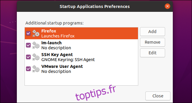 Firefox en tant qu'application de démarrage personnalisée sur Ubuntu 20.04 LTS.