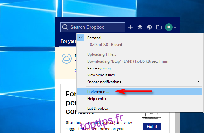 Cliquez sur Préférences dans Dropbox pour Windows