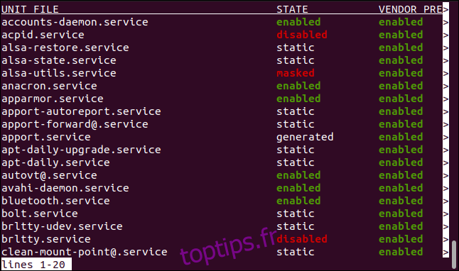 Liste des fichiers d'unité systemd dans une fenêtre de terminal