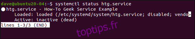 systemctl status htg.service dans une fenêtre de terminal