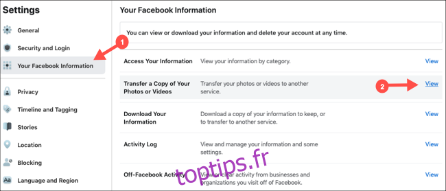 Sélectionnez Transférer une copie des photos et des vidéos dans les paramètres Facebook