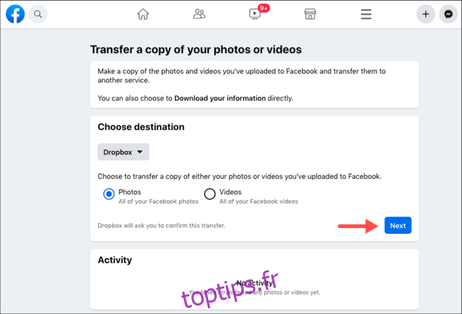 Transférer des photos ou des vidéos Facebook