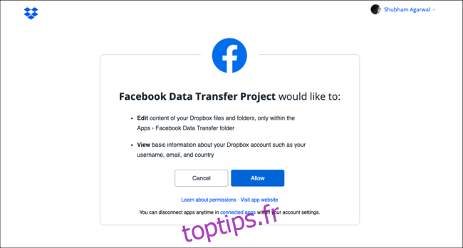 Accordez à Facebook l'accès au stockage cloud