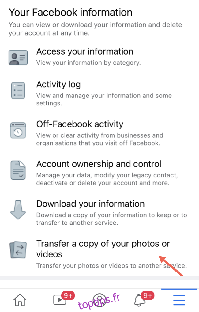 Sélectionnez l'option de transfert de photos et de vidéos sur l'application Facebook