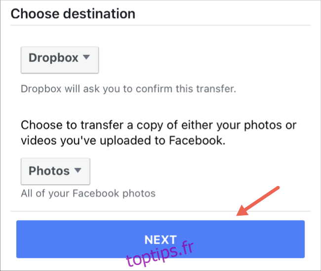 Choisissez la destination du transfert de photos et de vidéos sur l'application Facebook