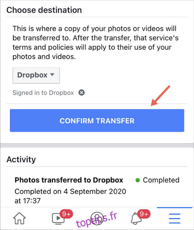 Démarrer le transfert de photos et de vidéos sur l'application Facebook