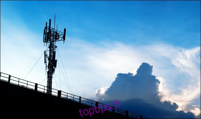 Une tour cellulaire 5G contre un ciel bleu avec des nuages ​​blancs. 