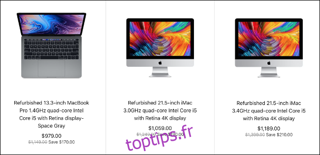 Trois Mac reconditionnés en vente sur le site Web d'Apple.