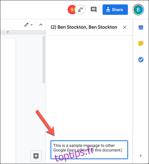 Pour envoyer un message dans le chat de l'éditeur Google Docs, saisissez un message dans la zone en bas du panneau, puis appuyez sur Entrée.