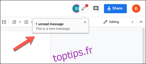 Une nouvelle fenêtre contextuelle de notification de message de chat de l'éditeur dans Google Docs