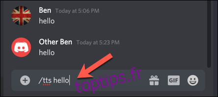 Pour envoyer un message TTS sur Discord, tapez / tts suivi du message dans la boîte de discussion.