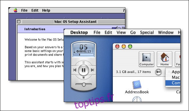 Une interface Apple Mac OS 9 et une interface Mac OS X Public Beta.
