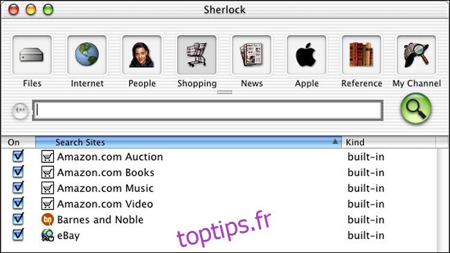Une fenêtre de recherche Sherlock sur Mac OS X Public Beta.