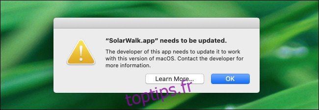 Un avertissement d'application 32 bits dans macOS 10.15 Catalina