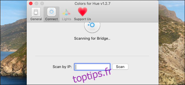 Saisie d'une adresse IP Hue Bridge dans l'application Colors for Hue.