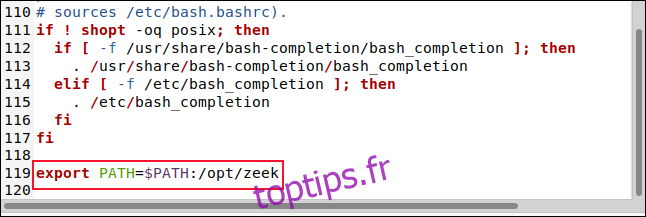 Le fichier BASHRC dans l'éditeur gedit avec la ligne export PATH = $ PATH: / opt / zeek.