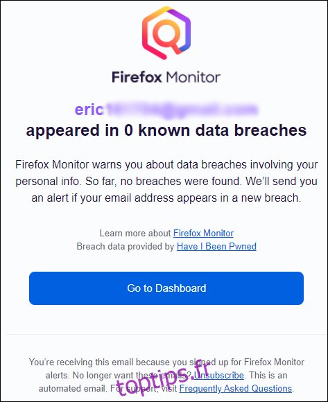 Un e-mail de confirmation de Firefox Monitor