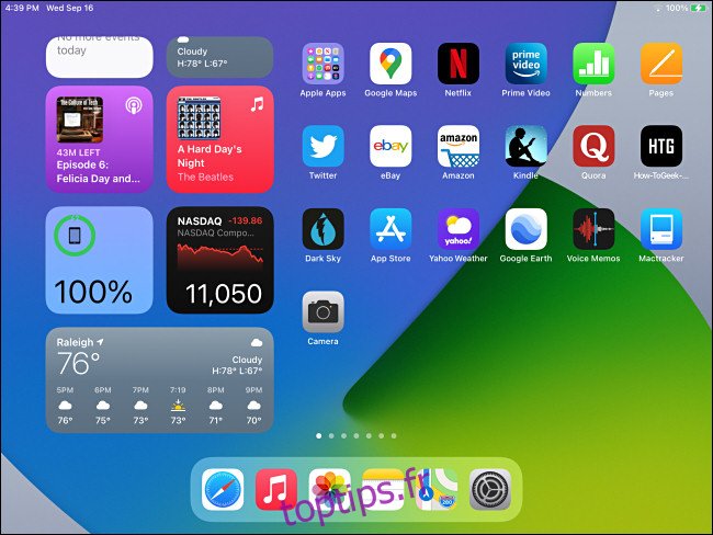 L'écran d'accueil de l'iPadOS 14 avec les widgets d'affichage du jour visibles.