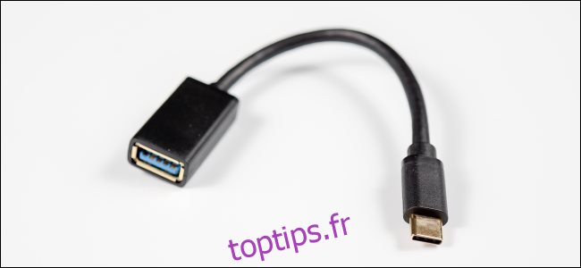 Un adaptateur USB-Type-A vers USB-Type-C.