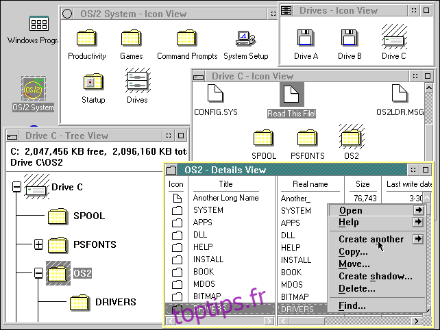 Cinq fenêtres s'ouvrent sur IBM OS / 2 version 2.