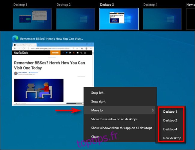 Dans la vue des tâches sous Windows 10, cliquez avec le bouton droit sur une vignette de fenêtre et sélectionnez 