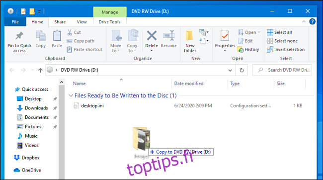 Copie de fichiers sur un disque masterisé sous Windows 10.