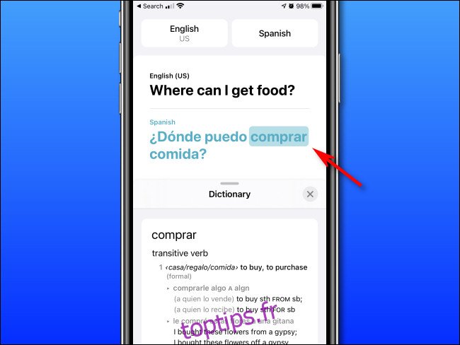 En mode Dictionnaire d'Apple Translate sur iPhone, vous pouvez appuyer sur les mots pour voir leurs définitions.
