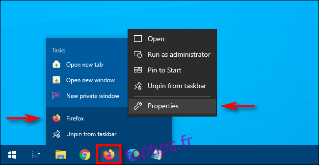 Dans Windows 10, cliquez avec le bouton droit sur l'icône de la barre des tâches, puis cliquez avec le bouton droit sur le raccourci et sélectionnez 