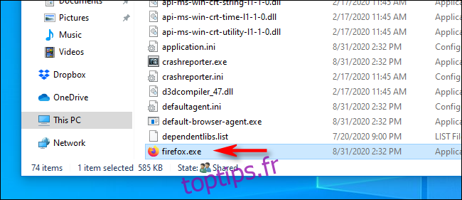 Localisation du fichier EXE d'une application dans l'Explorateur de fichiers sous Windows 10.