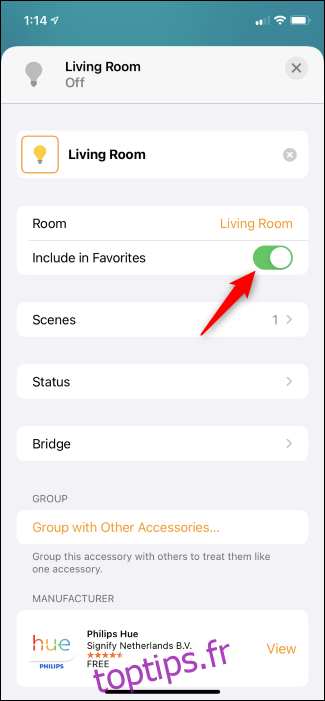 Choisir si un accessoire de maison intelligente est un favori ou non dans l'application Apple Home.