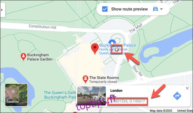 Les coordonnées de Buckingham Palace, Londres, affichées sur le site Web de Google Maps