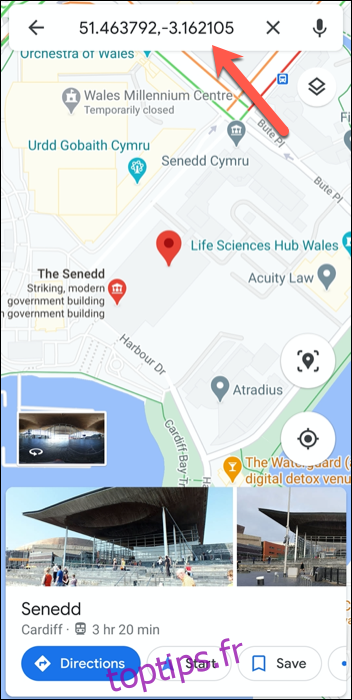 Les coordonnées GPS du Parlement gallois, Royaume-Uni dans l'application Google Maps sur Android.