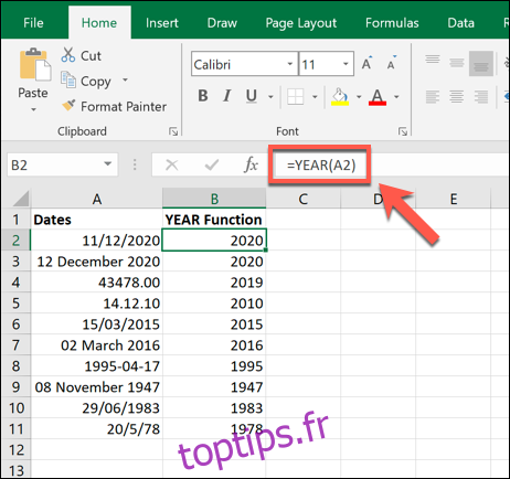 Exemples de la fonction YEAR utilisée dans Microsoft Excel