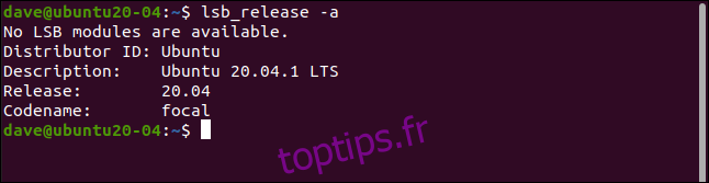Sortie de lab_release sur Ubuntu dans une fenêtre de terminal.