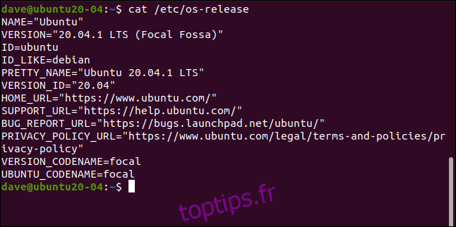 cat / etc / os-release dans une fenêtre de terminal.