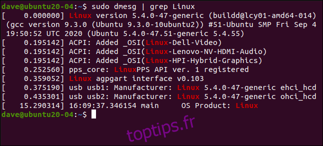 sudo dmesg | grep Linux dans une fenêtre de terminal.