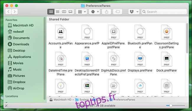 Fichiers du volet des préférences Mac comme indiqué dans le Finder.