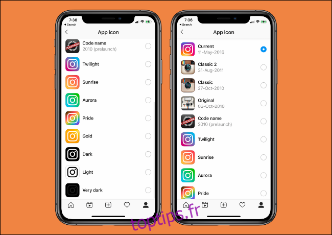 Options d'icônes de l'application Instagram