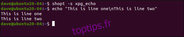 shopt -s xpg_echo dans une fenêtre de terminal.