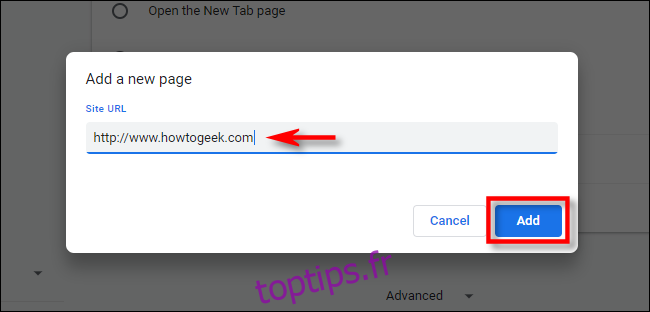 Dans les paramètres de Chrome, saisissez l'URL de la page d'accueil que vous souhaitez utiliser.