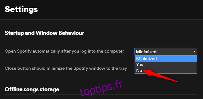 Désactivation du démarrage automatique de Spotify sous Windows.