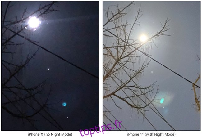 Deux images de la lune, une prise sur un iPhone 10 et l'autre prise en mode Nuit sur un iPhone 11.