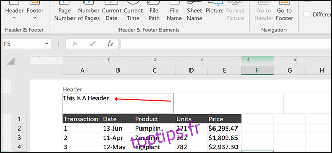 Taper un en-tête de feuille de calcul dans Excel