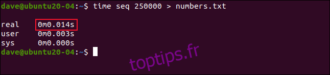 time seq 250000> numbers.txt dans une fenêtre de terminal. » width = ”646 ″ height =” 147 ″ onload = ”pagespeed.lazyLoadImages.loadIfVisibleAndMaybeBeacon (this);” onerror = ”this.onerror = null; pagespeed.lazyLoadImages.loadIfVisibleAndMaybeBeacon (this);”> </p><div style=