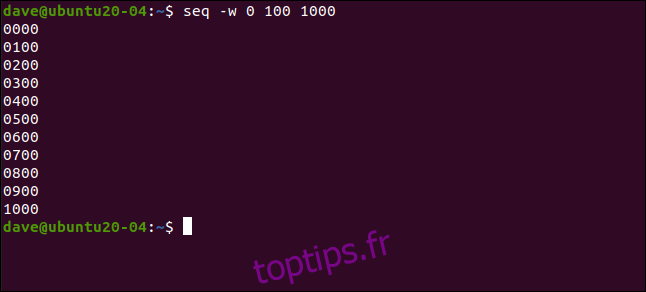 seq -w 0 100 1000 dans une fenêtre de terminal.